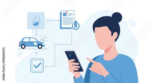 Woman using a smartphone to file a car insurance claim online, with icons for accident, document, and approval process.