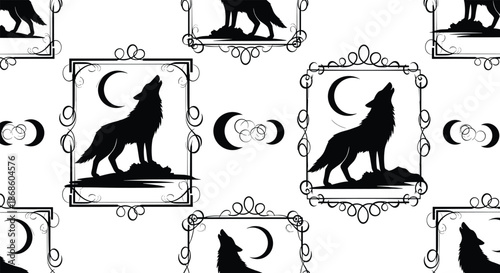 Seamless pattern with silhouettes of howling wolves and crescent moons inside decorative vintage frames on a white background.