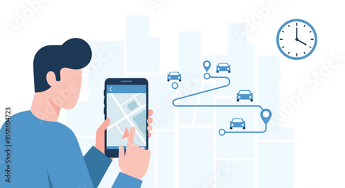 Man holding a smartphone and using a map application for GPS navigation to track a car's route through a city.
