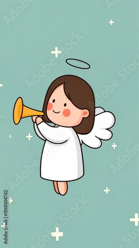 Charming animated angel playing trumpet against soothing sky background