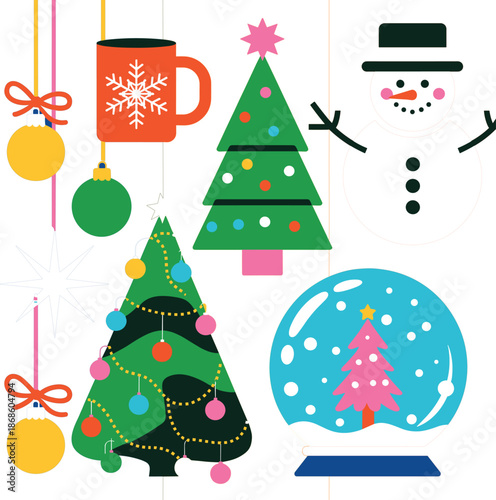 Colorful flat design Christmas elements on white background holiday winter