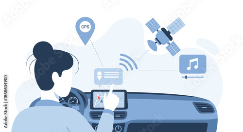 Woman in a car using the dashboard infotainment system for GPS navigation, with satellite and music streaming icons.