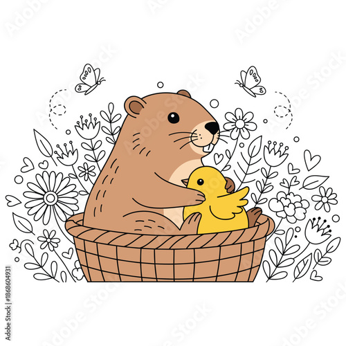 Adorable Easter groundhog clipart with baskets, chicks, eggs, florals, and spring farm elements—perfect for crafts, sublimation, and POD designs.