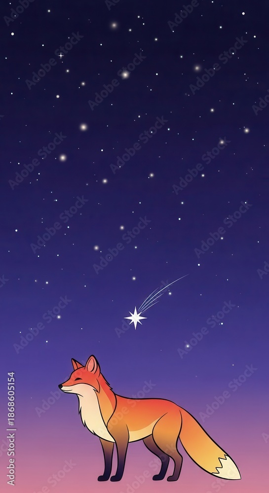 Fototapeta premium Adorable stylized fox gazes upward toward a bright shooting star in a dark night sky