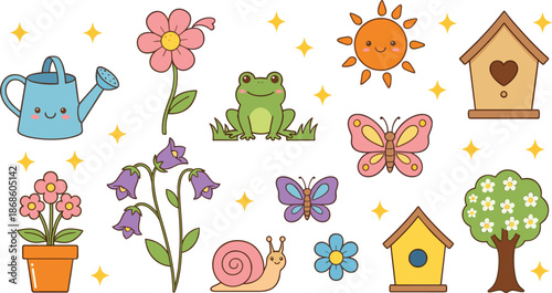 Cute garden nature elements set with flowers frog butterflies sun and birdhouse cartoon vector illustration