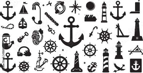 Extensive Collection of Nautical Black Silhouettes with Anchors Lighthouses and Ships maritime ocean