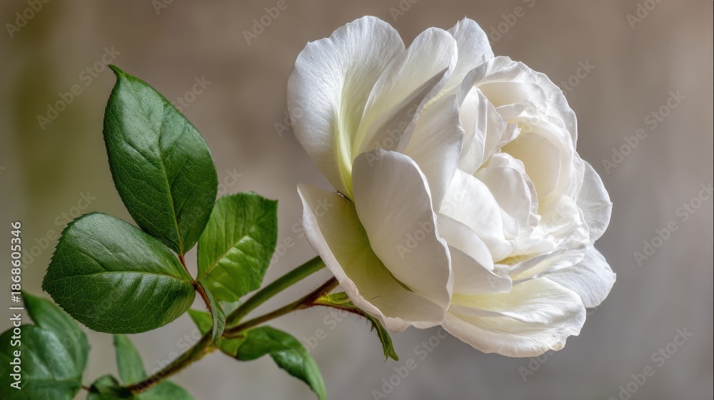 Obraz premium Elegant white rose with lush green leaves in soft lighting.