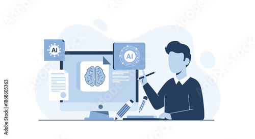 Business professional working at a computer with artificial intelligence applications for data analysis and creative projects.