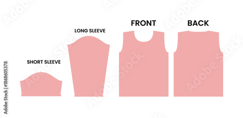 Flat vector diagram of garment pattern pieces showing front, back, long sleeve, and short sleeve components, suitable for apparel design guides, tailoring instructions, and fashion production layouts