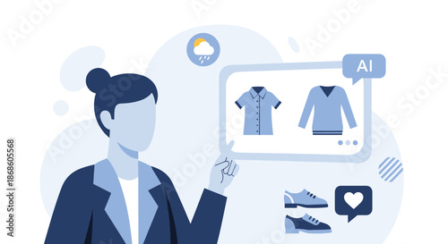 Personalized fashion recommendation concept with a woman using an AI-powered app to choose outfits based on weather and style.