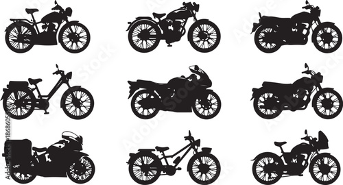 Nine black silhouettes of different types of motorcycles and a moped on a white background motorbike