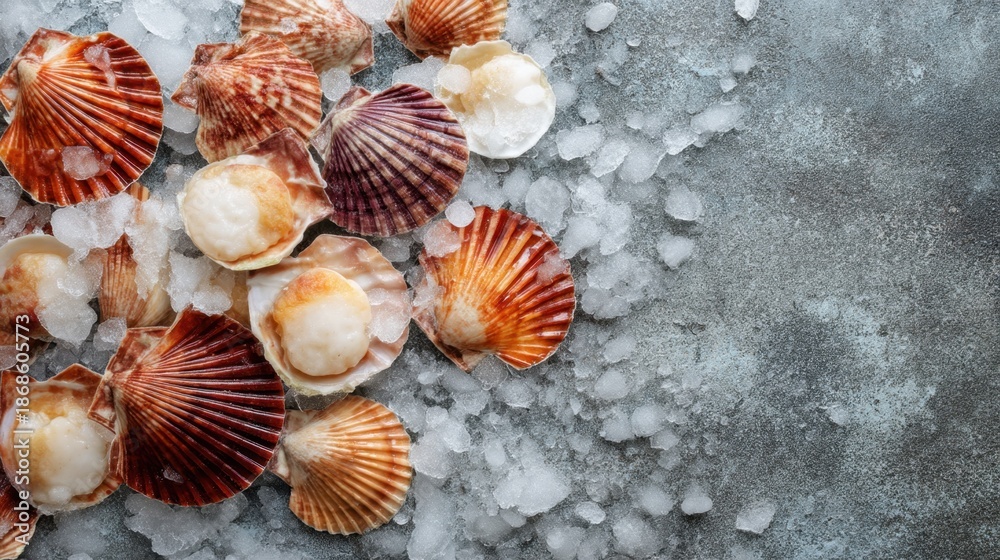 Fototapeta premium Fresh scallops on ice with colorful shells displayed on rustic surface.
