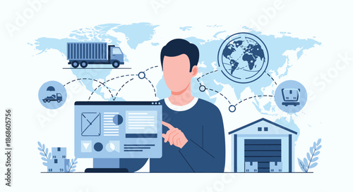 Global logistics and supply chain management concept with a person overseeing transportation and warehousing on a world map.