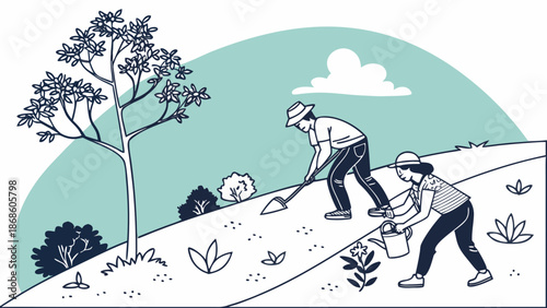Two people planting and watering on a hillside, an illustration depicting environmental conservation or gardening.