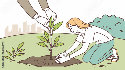 Two people planting a small tree sapling in a park with city buildings in the background, illustrating environmental conservation and community gardening.