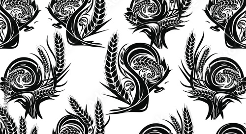 Abstract seamless black and white pattern with stylized wheat stalks and elegant swirls in an art nouveau inspired design.