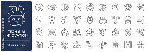 Tech and AI Innovation Icon Set with Editable Stroke. Collection of Future technology, artificial intelligence, machine learning, IoT, robotics, robot, VR, drone, cloud computing, and startup symbols.