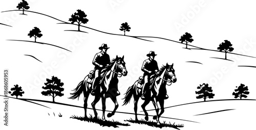 Western Cowboys Riding Horses Through Snowy Mountain Valley