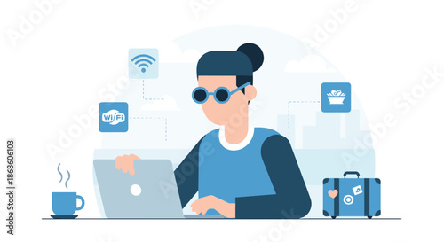 Digital nomad lifestyle concept with a remote worker using a laptop while traveling, surrounded by travel and work icons.