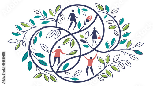 Stylized illustration of intertwined circles adorned with leaves, featuring diverse human figures representing connection, growth, and community.