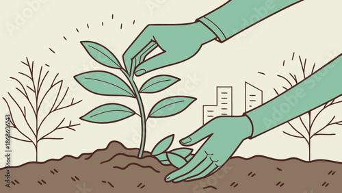 Hands in green gloves planting a small leafy plant into soil with city buildings in the background, symbolizing urban greening and environmental care.