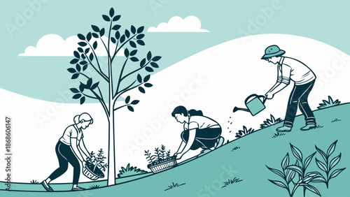 People planting and watering trees and plants on a green hillside, illustrating environmental conservation and community gardening efforts.