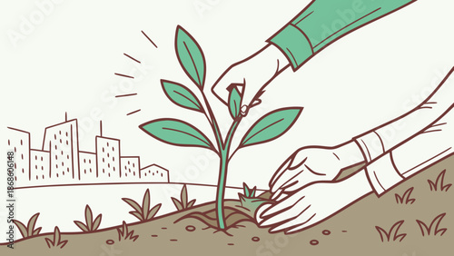Hands planting a young tree sapling in soil with a city skyline in the background, symbolizing urban greening and environmental care.