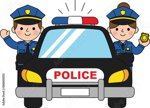 Cute police officers standing with patrol car and siren friendly cartoon law enforcement vector illustration