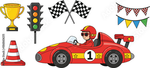 Cute race car driver with racing elements trophy flags traffic cone cartoon motorsport vector illustration
