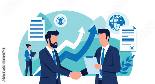 Business partnership and agreement concept with two businessmen shaking hands in front of a financial growth chart.