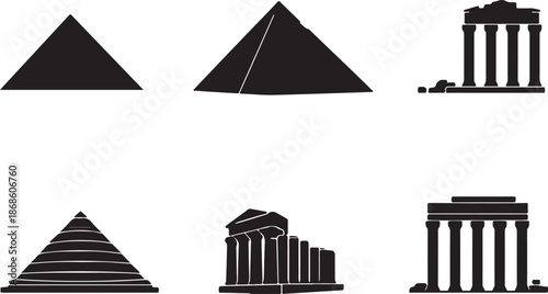 Simple Silhouettes of Egyptian Pyramids and Greek Temple Ruins ancient