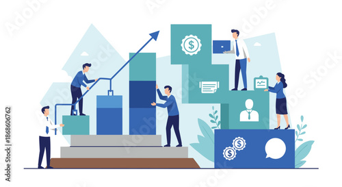 Business growth and development concept with a team of people working together to build an ascending bar chart.