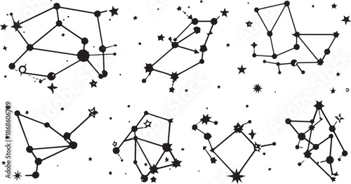 Six black and white constellation illustrations with connecting lines and stars on a white background
