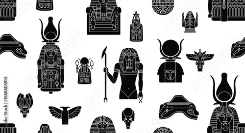Seamless pattern featuring a collection of black ancient Egyptian gods, pharaohs, and hieroglyphic symbols on white.