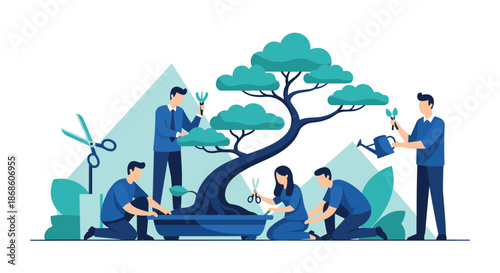 Collaborative group of business professionals working together to cultivate a bonsai tree, representing careful business growth, strategy, and nurturing a startup.
