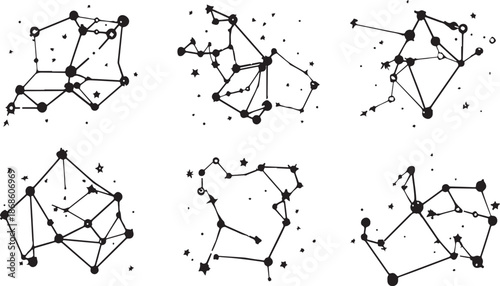 Six hand-drawn black constellation illustrations with stars and connecting lines on a white background