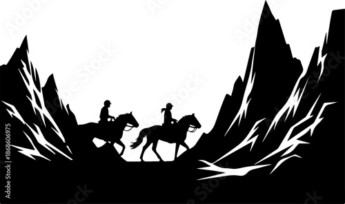 Western Cowboys Riding Horses Through Snowy Mountain Valley