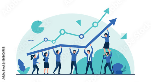 Collaborative team of business professionals holding up and supporting a large rising arrow graph, representing joint effort, financial success, and corporate growth.