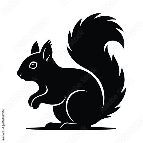 Black silhouette of a squirrel with a bushy tail on a white background animal rodent
