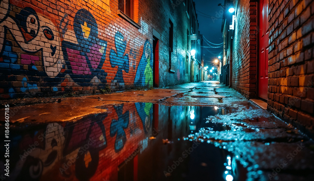 Naklejka premium Brick walls covered in colorful street art and graffiti reflect in puddles of water in a dark alley at night.