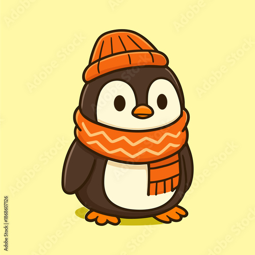 Cartoon penguin wears an orange hat and scarf standing