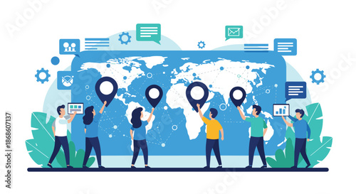 Global business team places location pins on a world map, illustrating international expansion, market reach, and worldwide communication strategy and logistics.