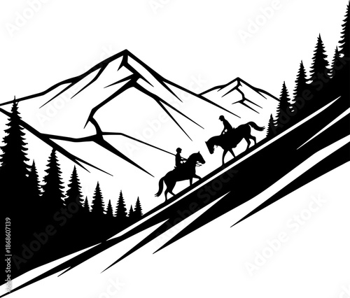 Western Cowboys Riding Horses Through Snowy Mountain Valley
