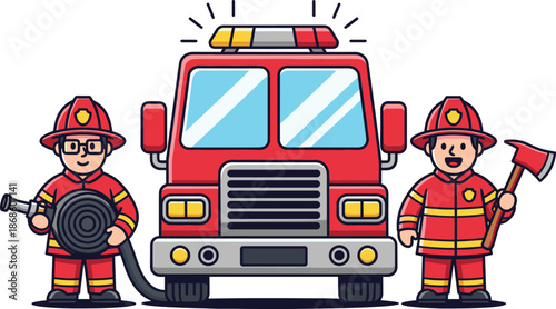 Cute firefighters standing with fire truck hose and axe friendly cartoon emergency service vector illustration
