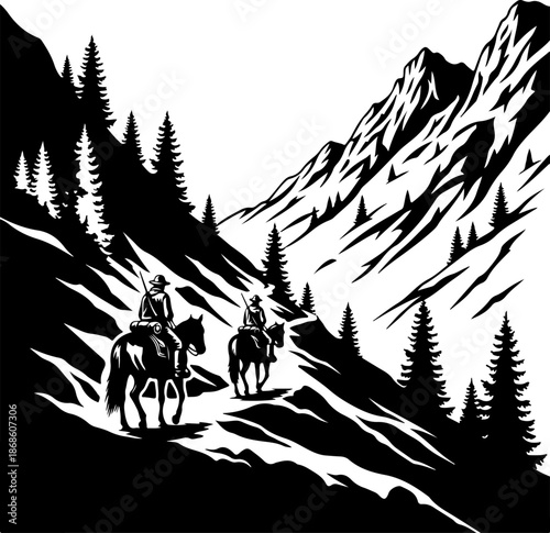 Western Cowboys Riding Horses Through Snowy Mountain Valley