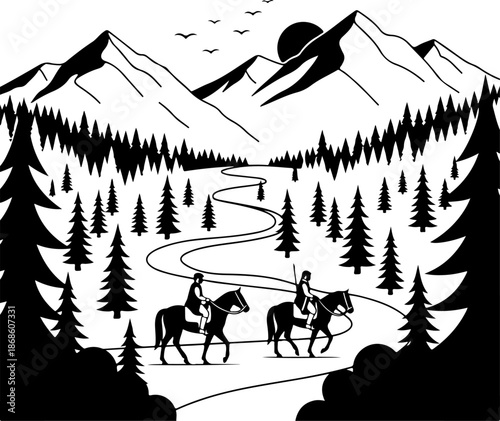 Western Cowboys Riding Horses Through Snowy Mountain Valley