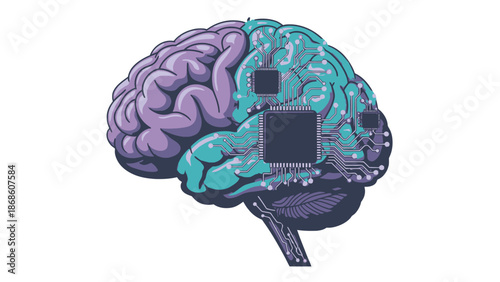 Fused Human Brain and Circuit Board Illustration Representing Artificial Intelligence and Neurotechnology on Isolated White Background