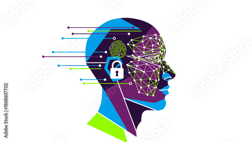 AI Human Head Profile with Digital Brain, Fingerprint and Padlock, Cyber Security Concept, isolated white background.