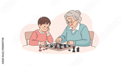 Caring grandmother teaching her grandson how to play a strategic board game of checkers, enjoying a quiet and bonding activity together at a table.
