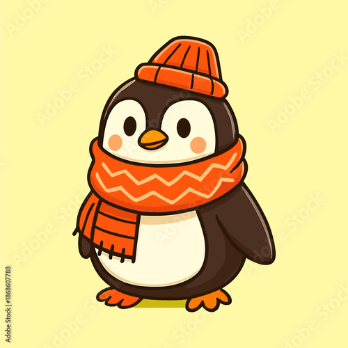 Cartoon penguin wears a hat and scarf, winter attire fun